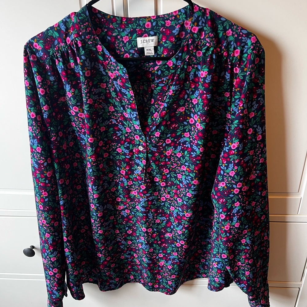 J. Crew Navy Floral V-Neck Blouse with Pink & Green Accents